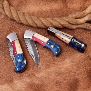 Beautiful Custom Handmade Damascus Folding Knives Overall Size 7" Blade Size 3.5" Handal Size 3.5" USA Style Handal Steel Booster With Leather Sheath