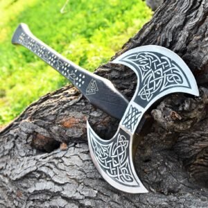 Custom Hand Forged Viking Double Edge Hunting Axe With Red Padook Wood Handal Custom Brass Work