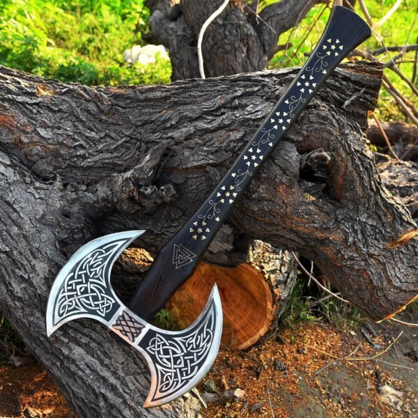 Custom Hand Forged Viking Double Edge Hunting Axe With Red Padook Wood Handal Custom Brass Work