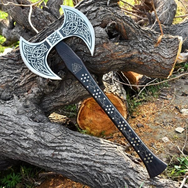 Custom Hand Forged Viking Double Edge Hunting Axe With Red Padook Wood Handal Custom Brass Work