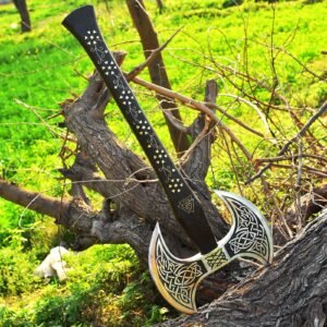 Custom Hand Forged Viking Double Edge Hunting Axe With Red Padook Wood Handal Custom Brass Work