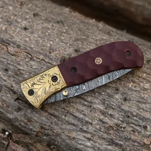 Handmade Damascus Liner lock folding knife with Red Micarta Sheet Handle Pocket knife