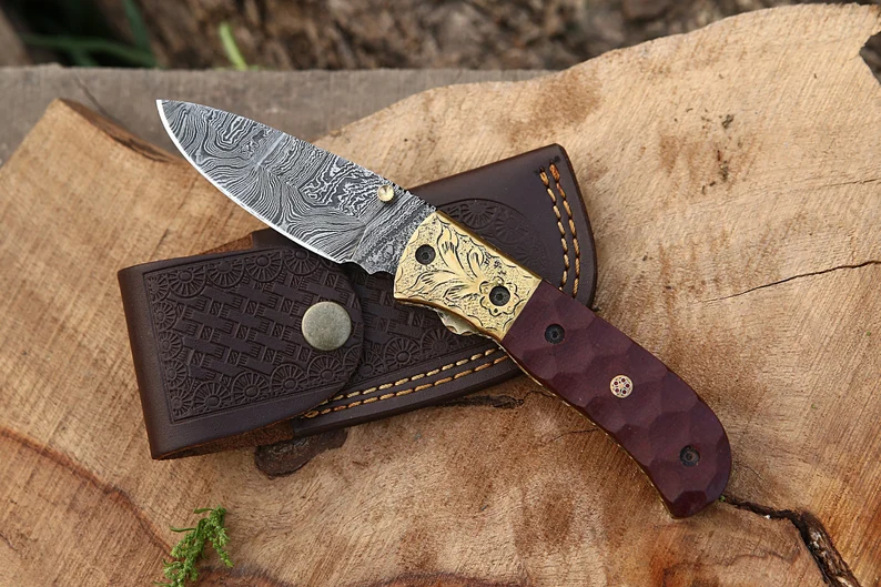 Handmade Damascus Liner lock folding knife with Red Micarta Sheet Handle Pocket knife Handmade Damascus Liner lock folding knife with Red Micarta Sheet Handle Pocket knife