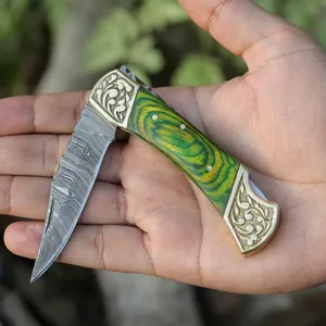 Handmade Damascus Pocket knife Green Dollar sheet Handle Birthday Gift Back Lock Folding knife Groomsmen Gift Personalized Men Gift For Men