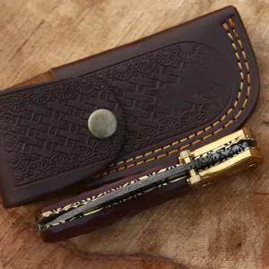 Handmade Damascus Liner lock folding knife with Red Micarta Sheet Handle Pocket knife