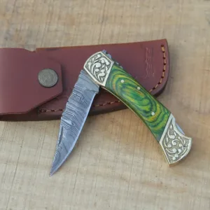 Handmade Damascus Pocket knife Green Dollar sheet Handle Birthday Gift Back Lock Folding knife Groomsmen Gift Personalized Men Gift For Men