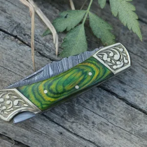 Handmade Damascus Pocket knife Green Dollar sheet Handle Birthday Gift Back Lock Folding knife Groomsmen Gift Personalized Men Gift For Men