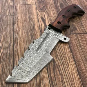 Handmade Damascus Steel Hunting Knife with Wooden Handle – 10.5” Overall | Tactical Survival Knife with Leather Sheath