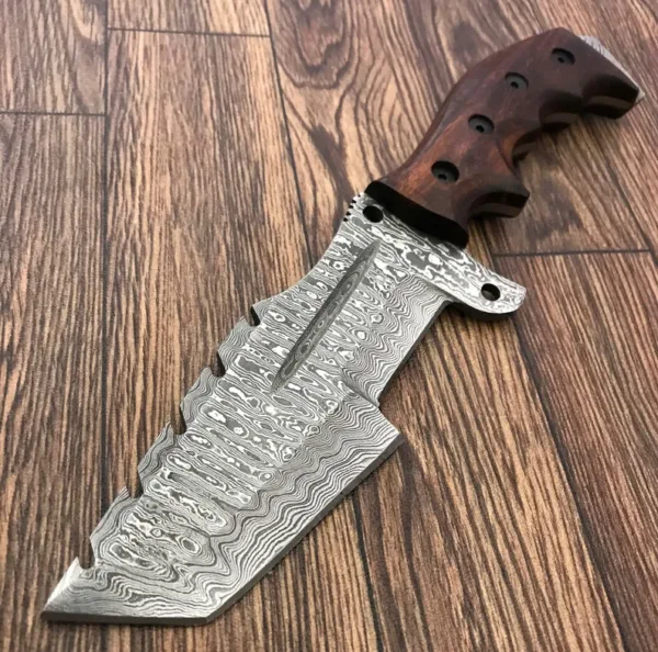 Handmade Damascus Steel Hunting Knife with Wooden Handle – 10.5” Overall | Tactical Survival Knife with Leather Sheath