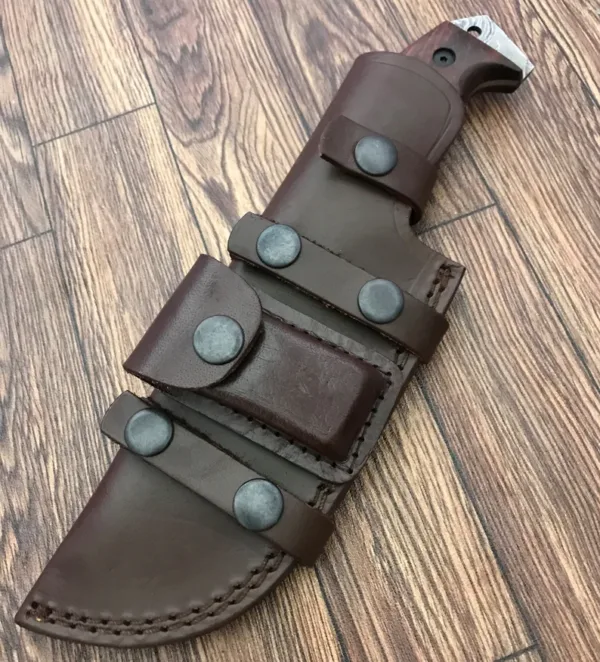 Handmade Damascus Steel Hunting Knife with Wooden Handle – 10.5” Overall | Tactical Survival Knife with Leather Sheath