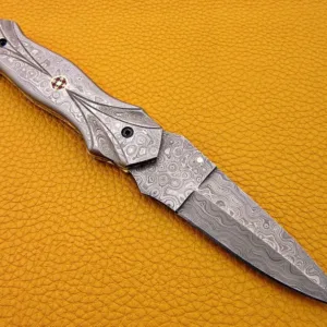 Custom Hand Forged Damascus knife with Damascus handle with Leather Cover Camping Hunting Folding Knife Liner lock