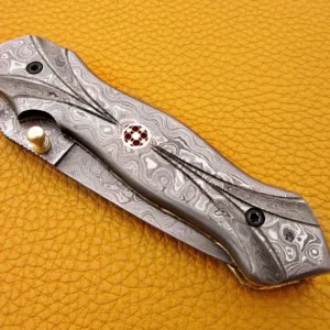 Custom Hand Forged Damascus knife with Damascus handle with Leather Cover Camping Hunting Folding Knife Liner lock
