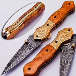 Custom Damascus Steel Folding Knife Pocket Knife Handle Made with Olive Wood Best Gift with for Father's Leather Sheath