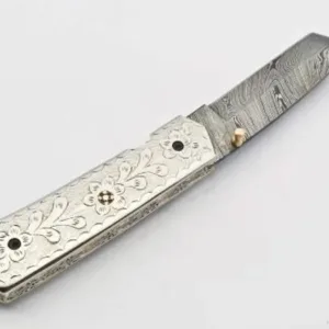 Personalized Custom Damascus Steel Folding Knife Pocket Knife Handle Made with Yellow Brass Best Gift with for Father's Leather Sheath