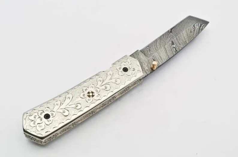 Personalized Custom Damascus Steel Folding Knife Pocket Knife Handle Made with Yellow Brass Best Gift with for Father’s Leather Sheath Personalized Custom Damascus Steel Folding Knife Pocket Knife Handle Made with Yellow Brass Best Gift with for Father's Leather Sheath