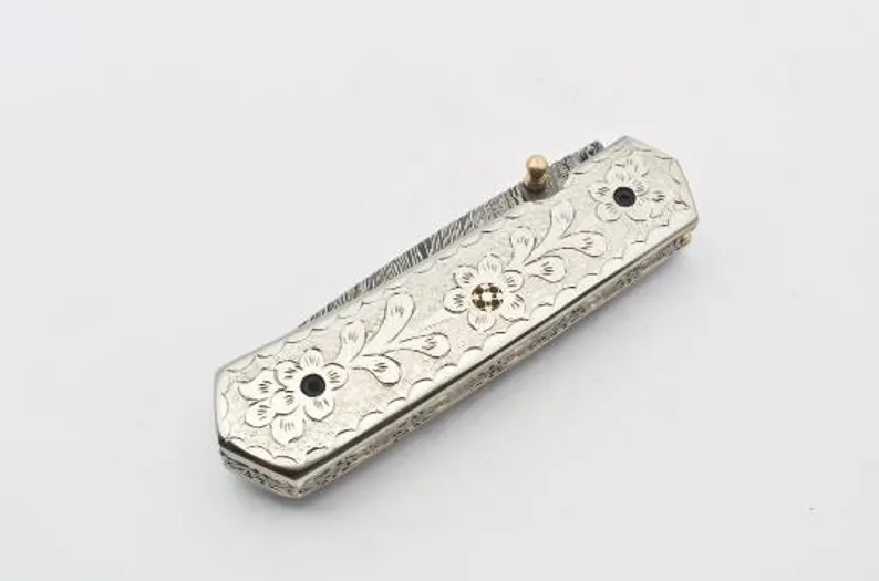 Personalized Custom Damascus Steel Folding Knife Pocket Knife Handle Made with Yellow Brass Best Gift with for Father’s Leather Sheath Personalized Custom Damascus Steel Folding Knife Pocket Knife Handle Made with Yellow Brass Best Gift with for Father's Leather Sheath