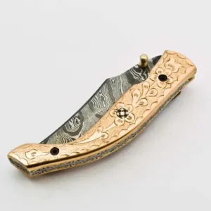 Custom Damascus Steel Folding Knife Pocket Knife Handle Made with Copper Best Gift with for Father's Leather Sheath