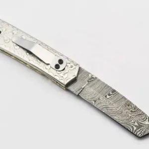 Personalized Custom Damascus Steel Folding Knife Pocket Knife Handle Made with Yellow Brass Best Gift with for Father's Leather Sheath