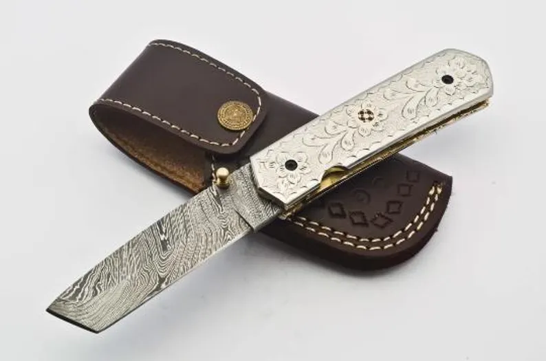 Personalized Custom Damascus Steel Folding Knife Pocket Knife Handle Made with Yellow Brass Best Gift with for Father's Leather Sheath Personalized Custom Damascus Steel Folding Knife Pocket Knife Handle Made with Yellow Brass Best Gift with for Father's Leather Sheath