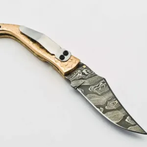 Custom Damascus Steel Folding Knife Pocket Knife Handle Made with Copper Best Gift with for Father's Leather Sheath