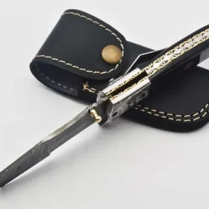 Personalized Custom Damascus Steel Folding Knife Pocket Knife Handle Made with Wood Best Gift with for Father's Leather Sheath