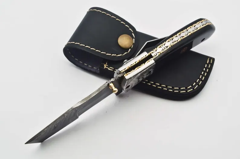 Personalized Custom Damascus Steel Folding Knife Pocket Knife Handle Made with Wood Best Gift with for Father’s Leather Sheath Personalized Custom Damascus Steel Folding Knife Pocket Knife Handle Made with Wood Best Gift with for Father's Leather Sheath