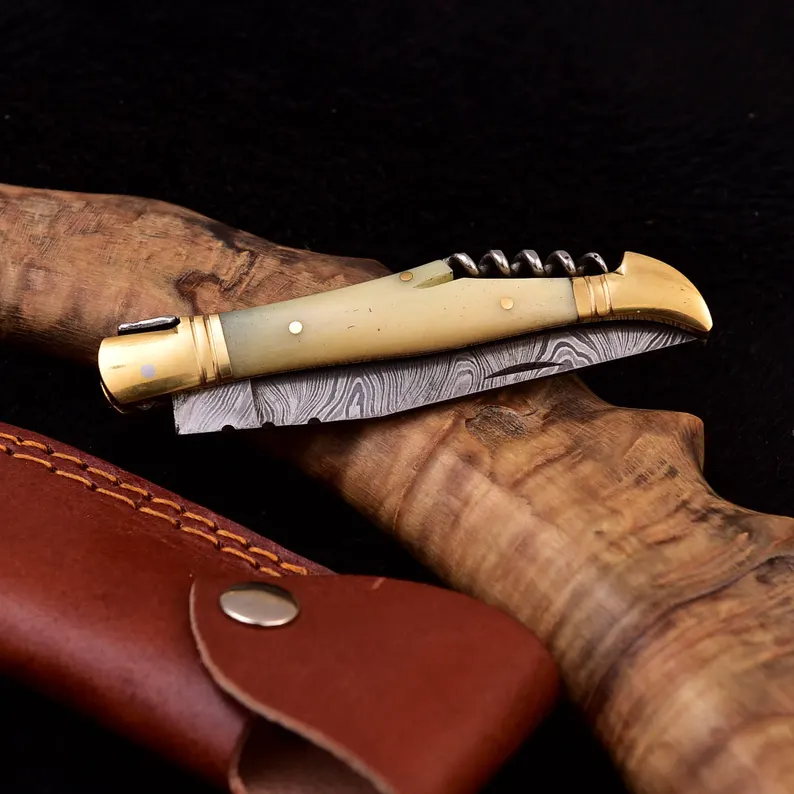 Handmade Damascus Pocket Knife – Corkscrew Folding Knife – Folding Blade EDC Knife for Outdoors & Camping Handmade Damascus Pocket Knife - Corkscrew Folding Knife - Folding Blade EDC Knife for Outdoors & Camping