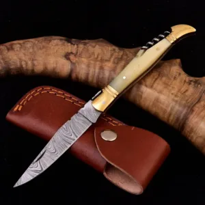 Handmade Damascus Pocket Knife - Corkscrew Folding Knife - Folding Blade EDC Knife for Outdoors & Camping