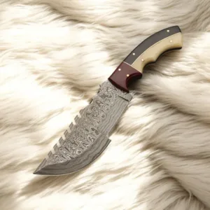 Damascus Steel Camel Bone Tracker Knife With Leather Sheath , Hand Forged Tracker Outdoor EDC Knife