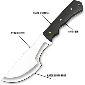 D2 Steel Tracker Knife 12"Fixed Blade Bushcraft Survival Knife Full Tang with Micarta Handle & Leather Sheath for Camping, Hunting, Outdoor
