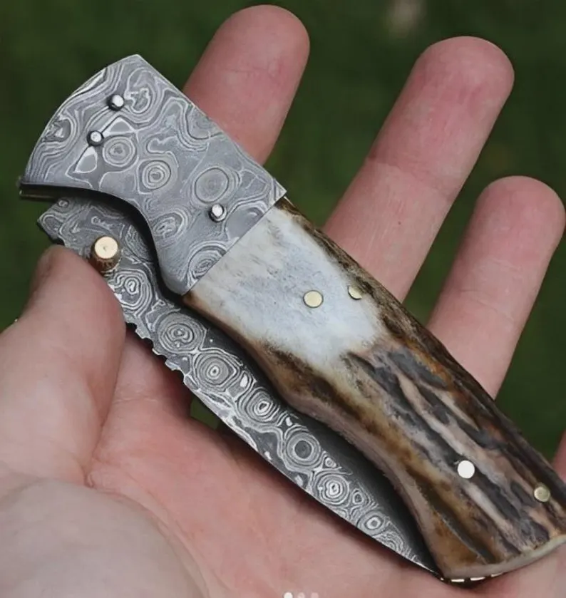 Hand Made Folding Knife , Hand Forged Damascus Steel Pocket Knife With Leather Sheath Hand Made Folding Knife , Hand Forged Damascus Steel Pocket Knife With Leather Sheath