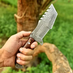 Damascus Steel Hunting Knife with Wooden Handle – 10.5” Overall | Tactical Survival Knife