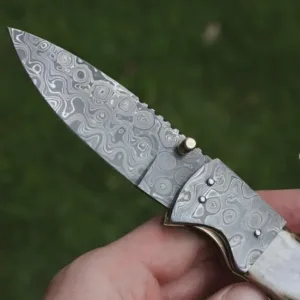 Hand Made Folding Knife , Hand Forged Damascus Steel Pocket Knife With Leather Sheath