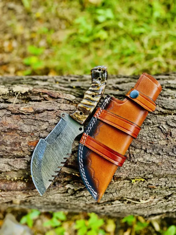 Handmade Damascus Steel Hunting Knife with Wooden Handle – 10.5” Overall | Tactical Survival Knife with Leather Sheath