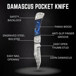 Handmade Damascus Pocket Knife for Men - 7.2 Inches Engraved Steel Damascus Folding Pocket Knife with Belt Holster - Back Lock & EDC Knife