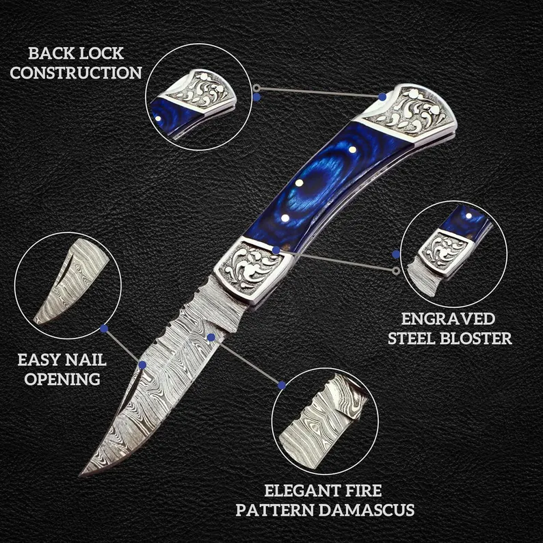 Handmade Damascus Pocket Knife for Men – 7.2 Inches Engraved Steel Damascus Folding Pocket Knife with Belt Holster – Back Lock & EDC Knife Handmade Damascus Pocket Knife for Men - 7.2 Inches Engraved Steel Damascus Folding Pocket Knife with Belt Holster - Back Lock & EDC Knife