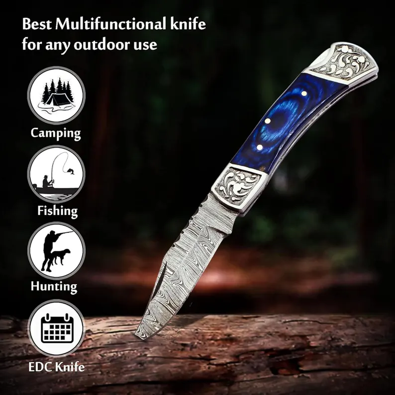Handmade Damascus Pocket Knife for Men – 7.2 Inches Engraved Steel Damascus Folding Pocket Knife with Belt Holster – Back Lock & EDC Knife Handmade Damascus Pocket Knife for Men - 7.2 Inches Engraved Steel Damascus Folding Pocket Knife with Belt Holster - Back Lock & EDC Knife