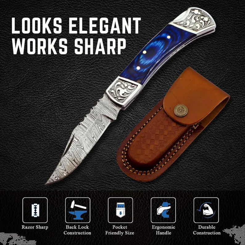 Handmade Damascus Pocket Knife for Men - 7.2 Inches Engraved Steel Damascus Folding Pocket Knife with Belt Holster - Back Lock & EDC Knife Handmade Damascus Pocket Knife for Men - 7.2 Inches Engraved Steel Damascus Folding Pocket Knife with Belt Holster - Back Lock & EDC Knife
