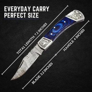 Handmade Damascus Pocket Knife for Men - 7.2 Inches Engraved Steel Damascus Folding Pocket Knife with Belt Holster - Back Lock & EDC Knife