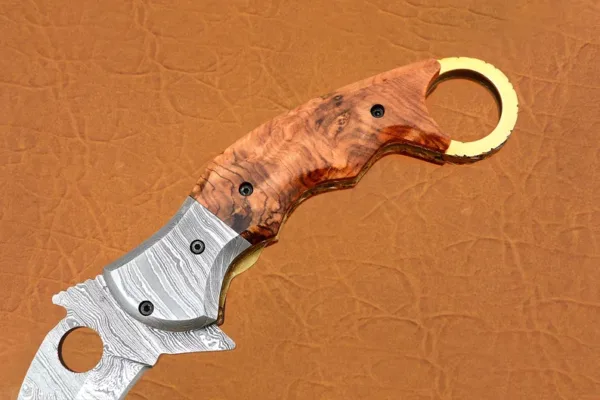 Damascus Karambit Folding Knife, 8.5" Damascus Steel Bolster Point Blade, Olive Wood, Pocket Knife, Razor Sharp