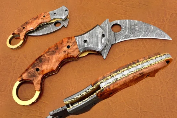 Damascus Karambit Folding Knife, 8.5" Damascus Steel Bolster Point Blade, Olive Wood, Pocket Knife, Razor Sharp