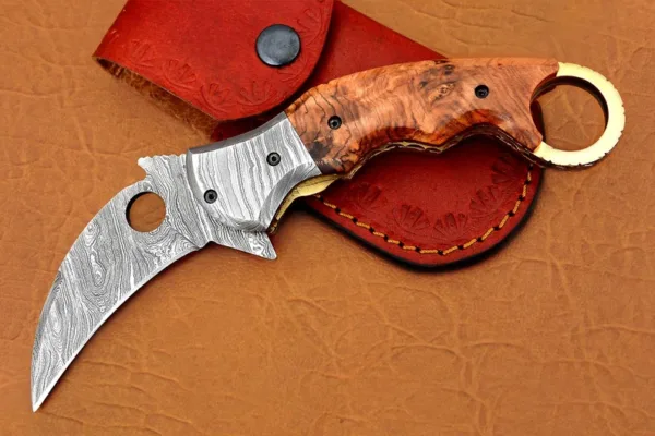 Damascus Karambit Folding Knife, 8.5" Damascus Steel Bolster Point Blade, Olive Wood, Pocket Knife, Razor Sharp