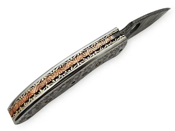 9''Inches Damascus Steel Folding Knife with Leather Sheath, Totally Handmade Engraved Brass Handle, Pocket knife, Best Gift