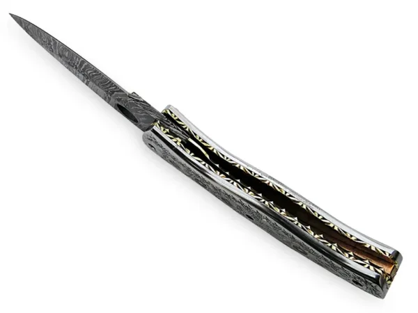 9''Inches Damascus Steel Folding Knife with Leather Sheath, Totally Handmade Engraved Brass Handle, Pocket knife, Best Gift