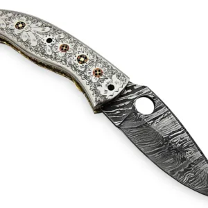 9''Inches Damascus Steel Folding Knife with Leather Sheath, Totally Handmade Engraved Brass Handle, Pocket knife, Best Gift