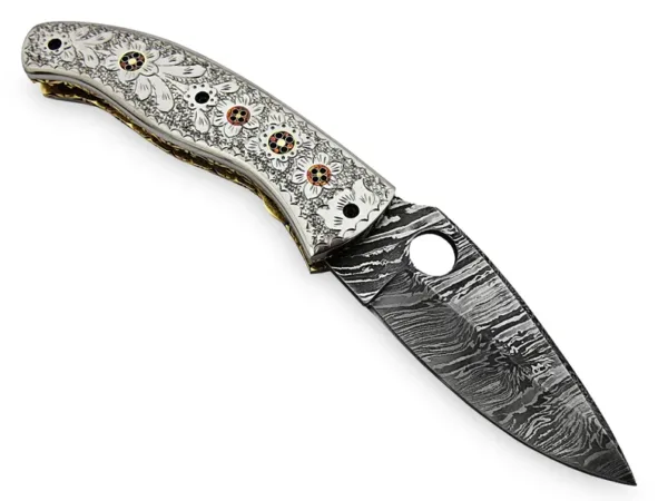 9''Inches Damascus Steel Folding Knife with Leather Sheath, Totally Handmade Engraved Brass Handle, Pocket knife, Best Gift