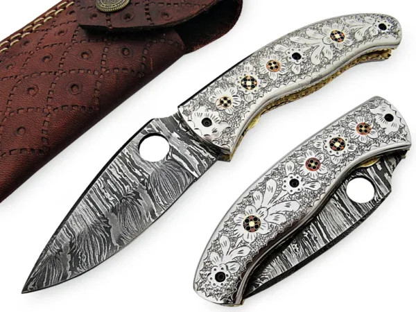 9''Inches Damascus Steel Folding Knife with Leather Sheath, Totally Handmade Engraved Brass Handle, Pocket knife, Best Gift