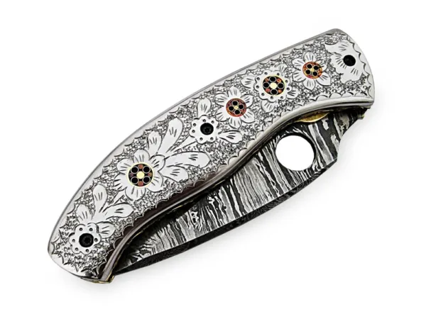 9''Inches Damascus Steel Folding Knife with Leather Sheath, Totally Handmade Engraved Brass Handle, Pocket knife, Best Gift