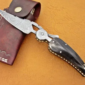 Damascus Leaf Folding Knife, 7.0" Damascus Steel Bolster Point Blade, Buffalo Horn Handle, Pocket Knife, Razor Sharp,