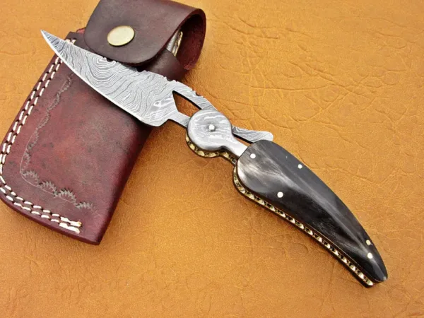 Damascus Leaf Folding Knife, 7.0" Damascus Steel Bolster Point Blade, Buffalo Horn Handle, Pocket Knife, Razor Sharp,